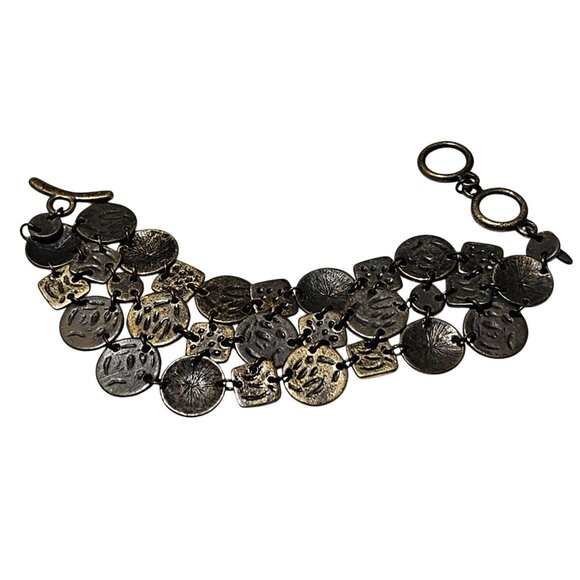 Handcrafted Antique Bronze Charm Bracelet Tribal Patterns Statement Jewelry - Picture 4 of 5